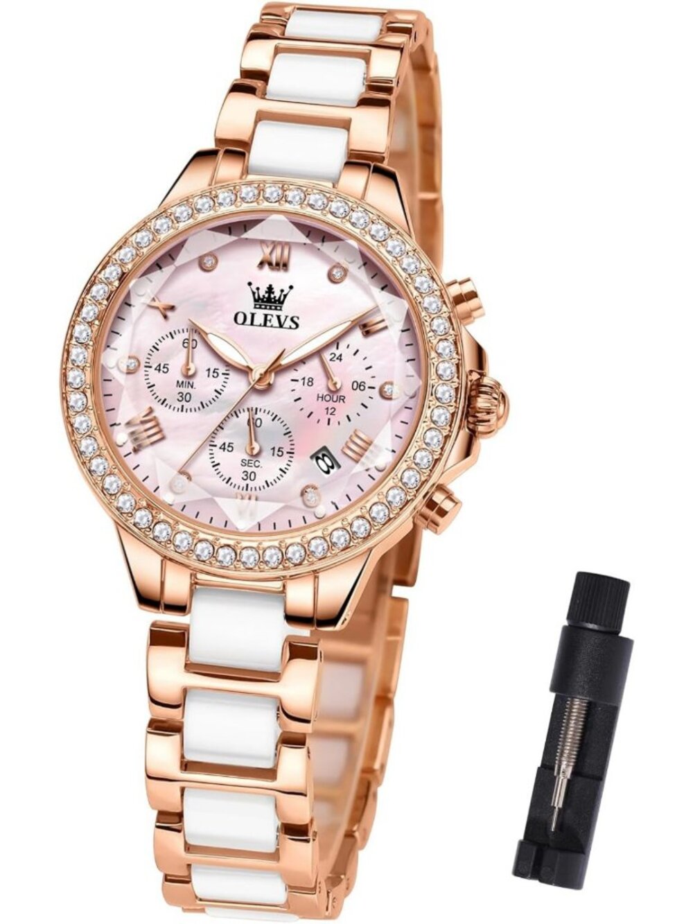Elegant Women's Ceramic & Stainless Steel Watch with Mother of Pearl Dial